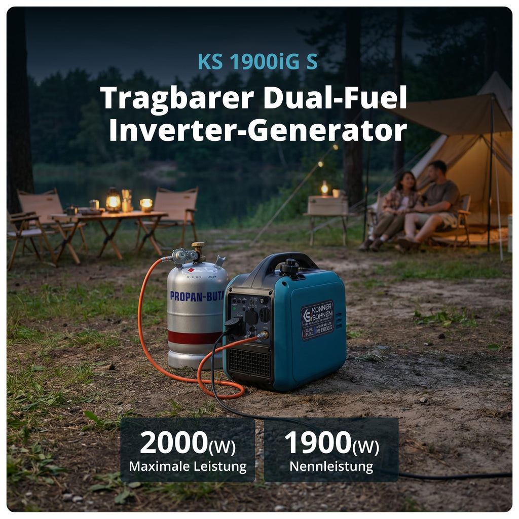 Inverter Stromerzeuger 2000 W mit Benzin- und LPG-Betrieb, 230 V, reine Sinuswelle, 17 kg