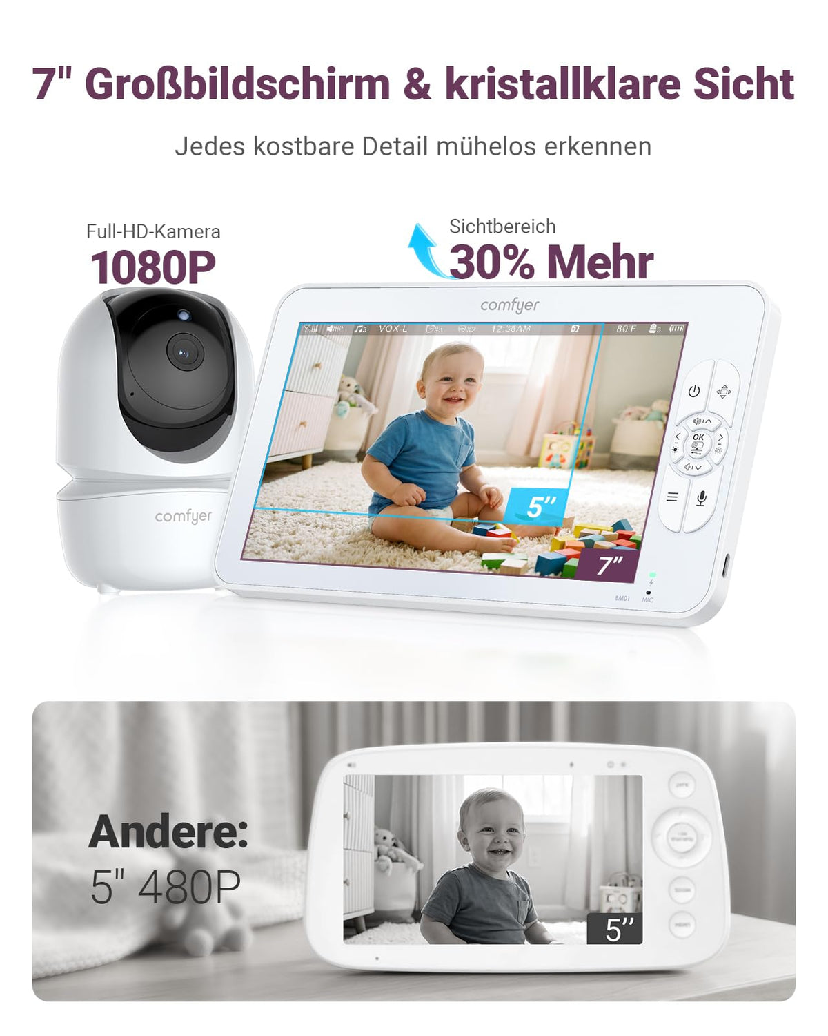 Babyphone mit 2 Kameras und 7"""" HD-Display, Split-Screen-Überwachung ohne WLAN, 6000mAh Akku, Nachtsicht und VOX-Modus