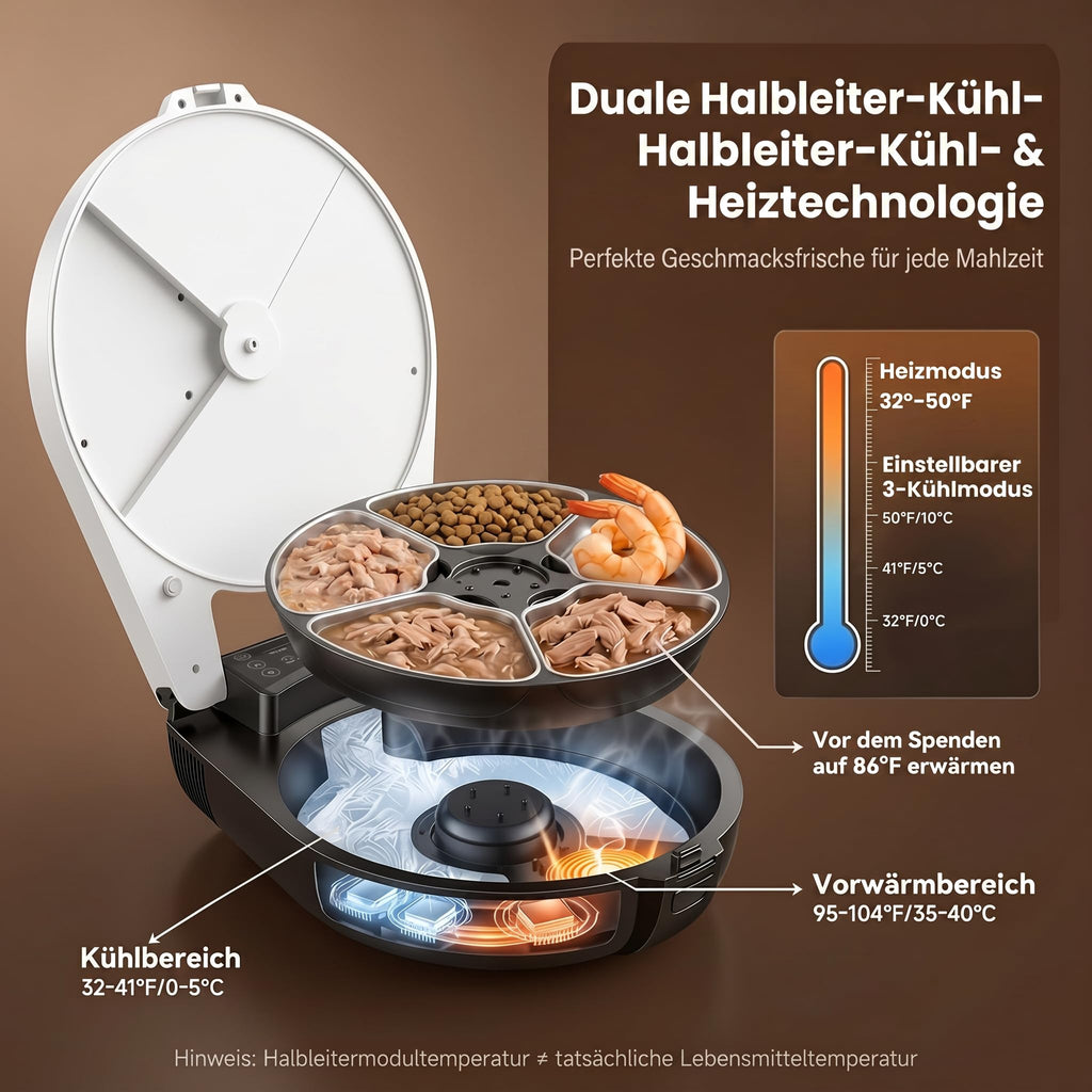 Automatischer Nassfutterautomat für Katzen mit Kühlung und Heizung, 5 Edelstahlschalen 304, 1,25 L, 3 Tage Frische