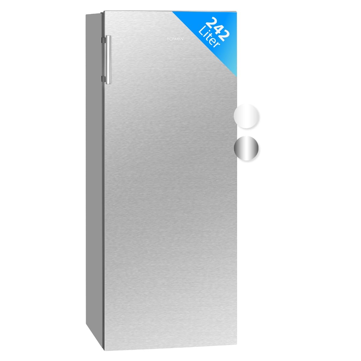 Kühlschrank ohne Gefrierfach 242 L, 143 cm hoch, Energieklasse E, 0 °C bis +8 °C, leise 40 dB, inox