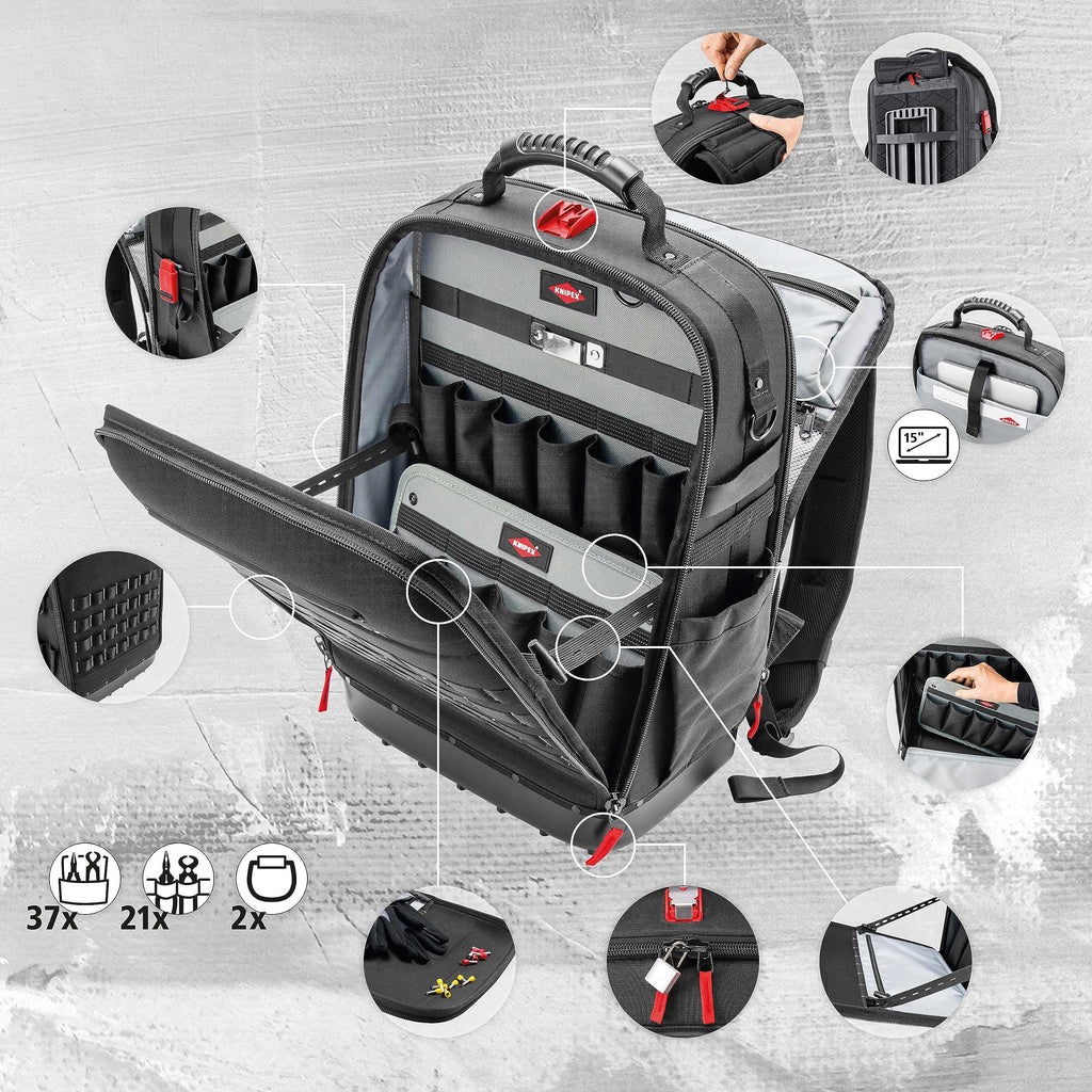 Werkzeugrucksack Modular X18 21 Haltelaschen 37 Taschen wasserfest mit MOLLE-Bändern und wasserdichter Bodenschale