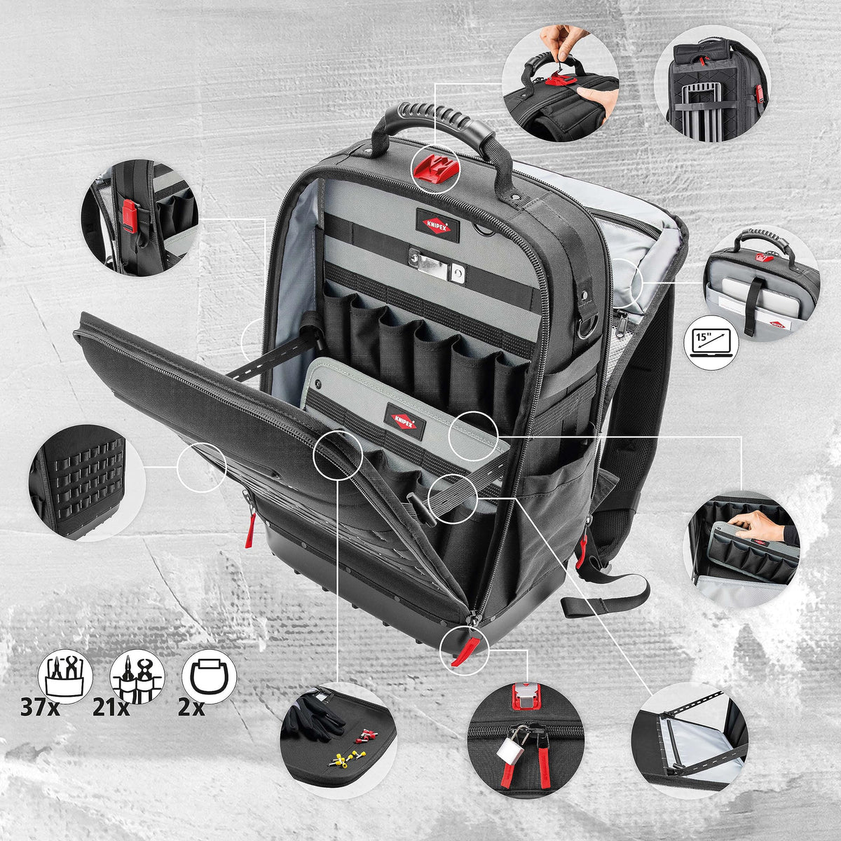 Werkzeugrucksack Modular X18 21 Haltelaschen 37 Taschen wasserfest mit MOLLE-Bändern und wasserdichter Bodenschale