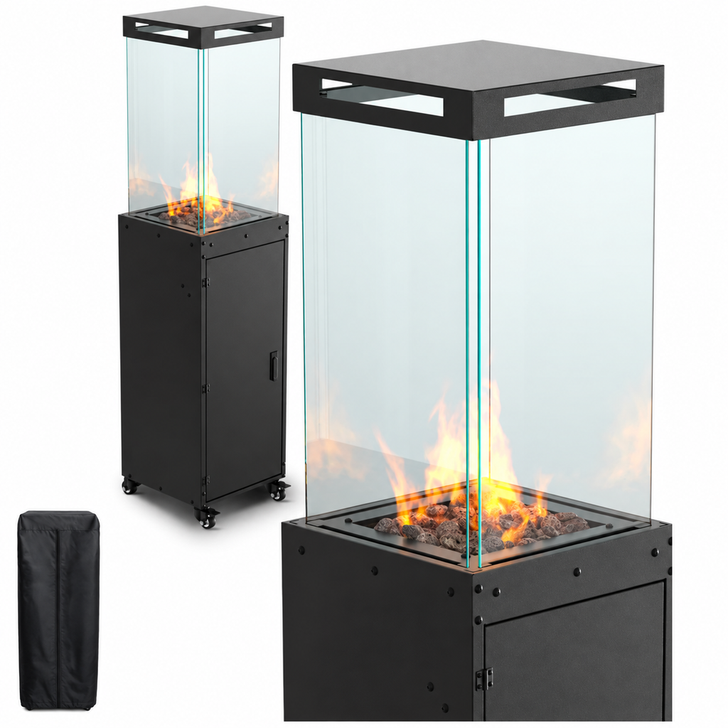 Gas-Terrassenheizer mit Glaszylinder, 8 kW Heizpilz für Terrasse und Garten mit Kippschutz, Flammensensor und Abdeckung, 36 × 36 × 140,5 cm