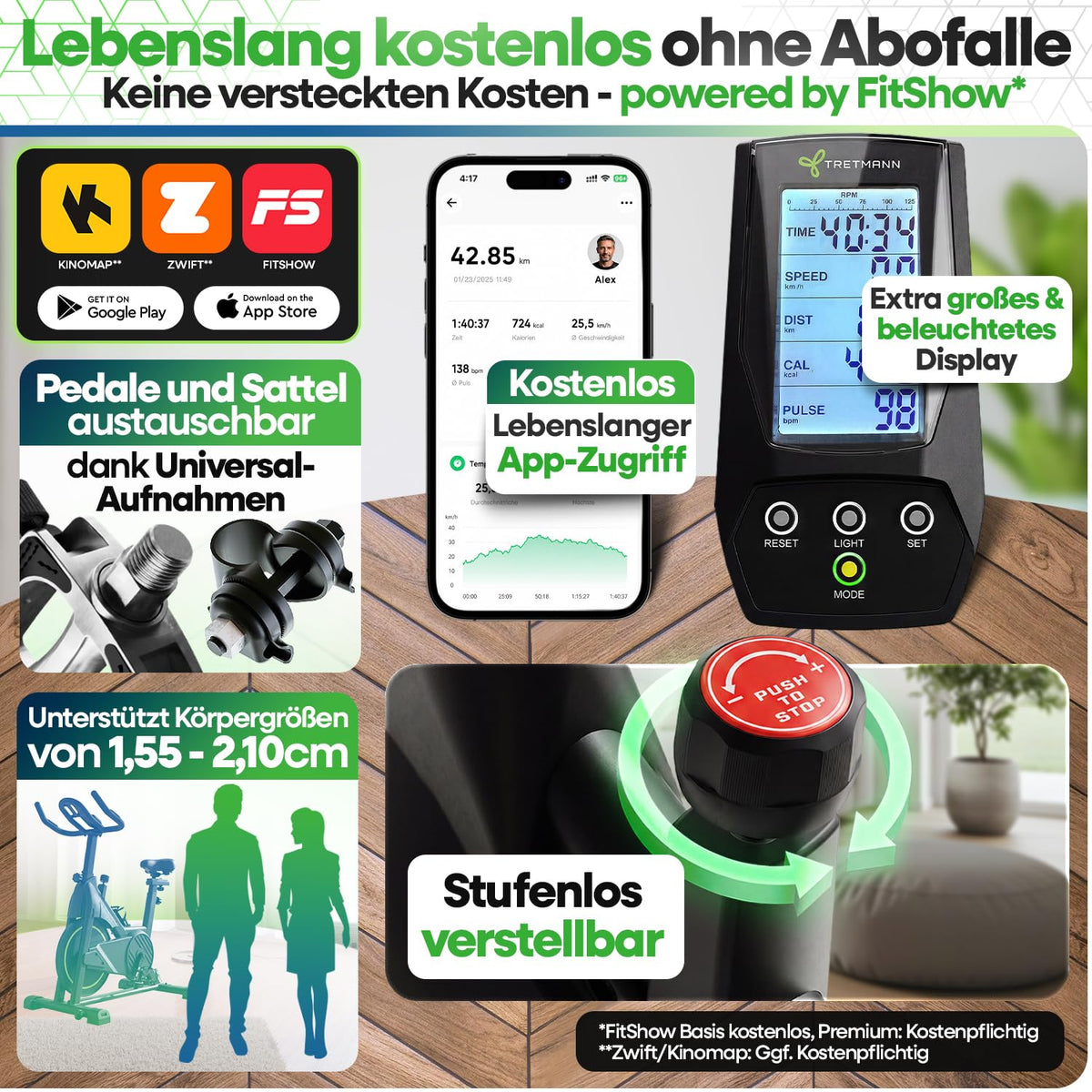 Heimtrainer Fahrrad bis 200 kg belastbar mit App, verstellbarem Sitz und Magnetbremse