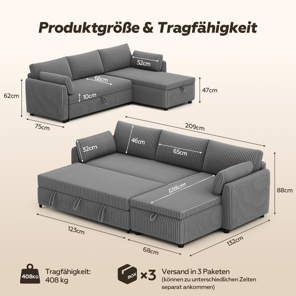 Ecksofa mit Schlaffunktion in L-Form aus Cord, Steingrau, 209 cm breit, mit Stauraum