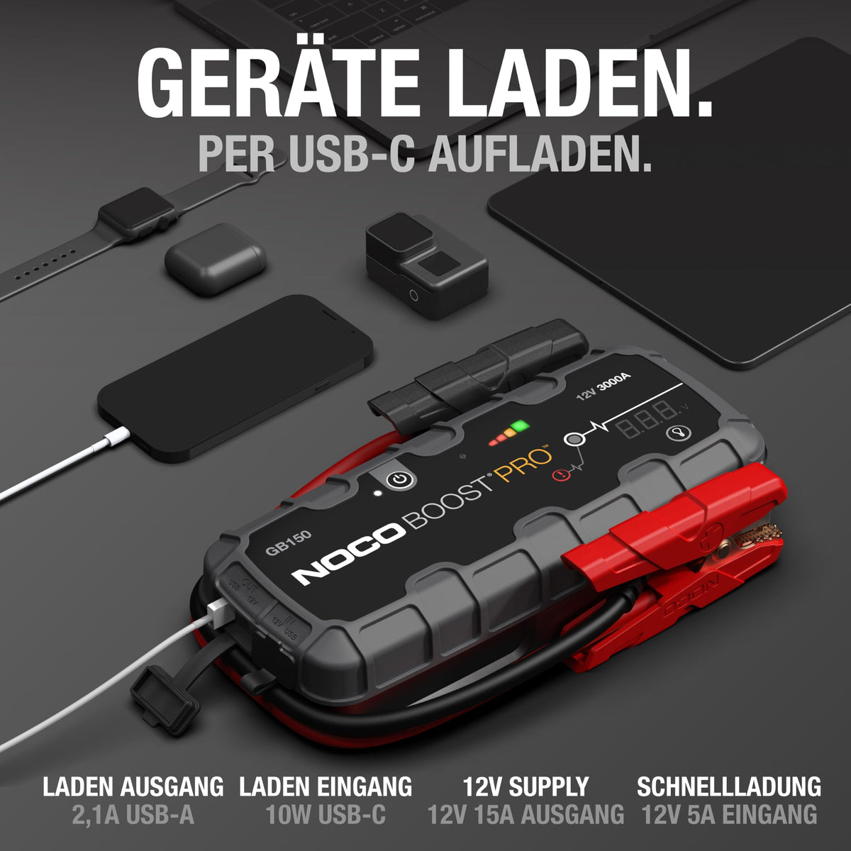 Starthilfe Powerbank 3000A für Benzin bis 9,0L und Diesel bis 7,0L, 12V Lithium mit LED und USB-C