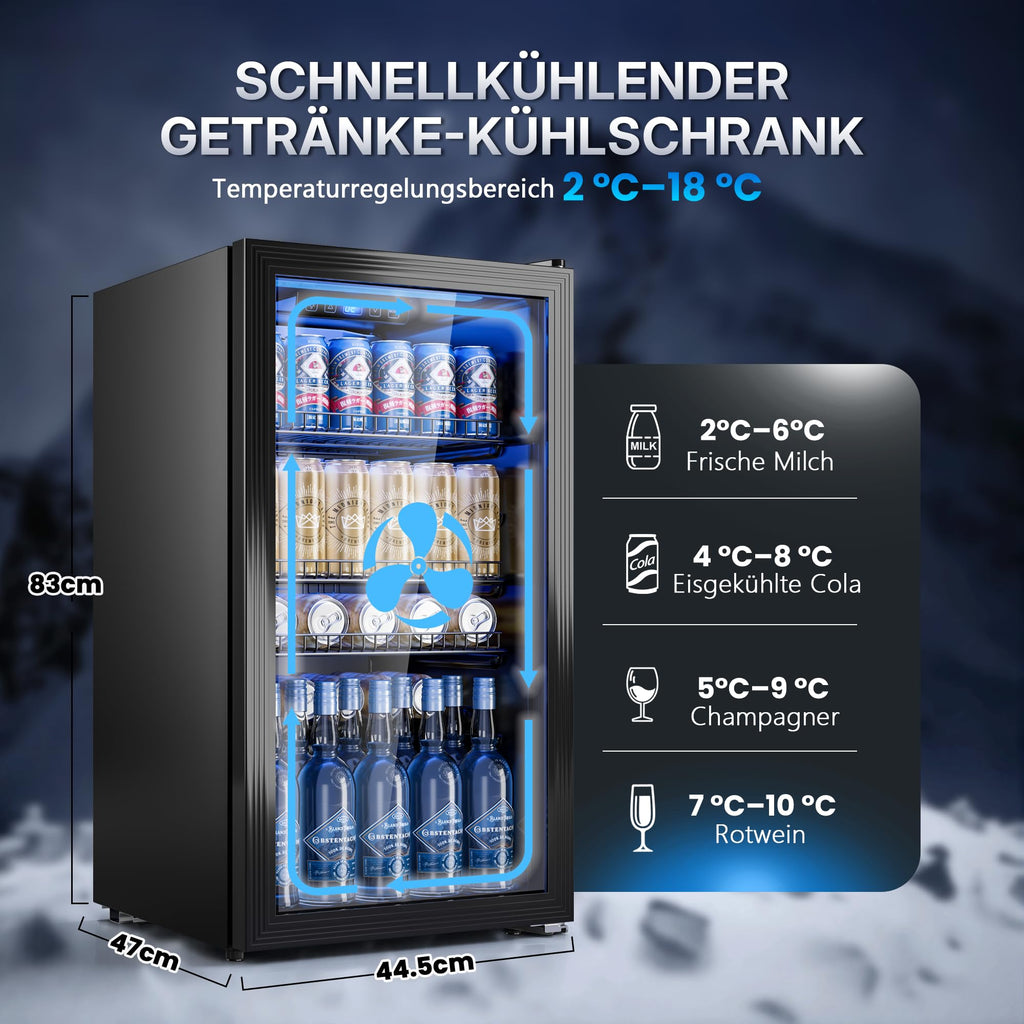 90L Getränkekühlschrank mit Glasfront und digitaler Temperaturregelung, für bis zu 128 Dosen, schwarz