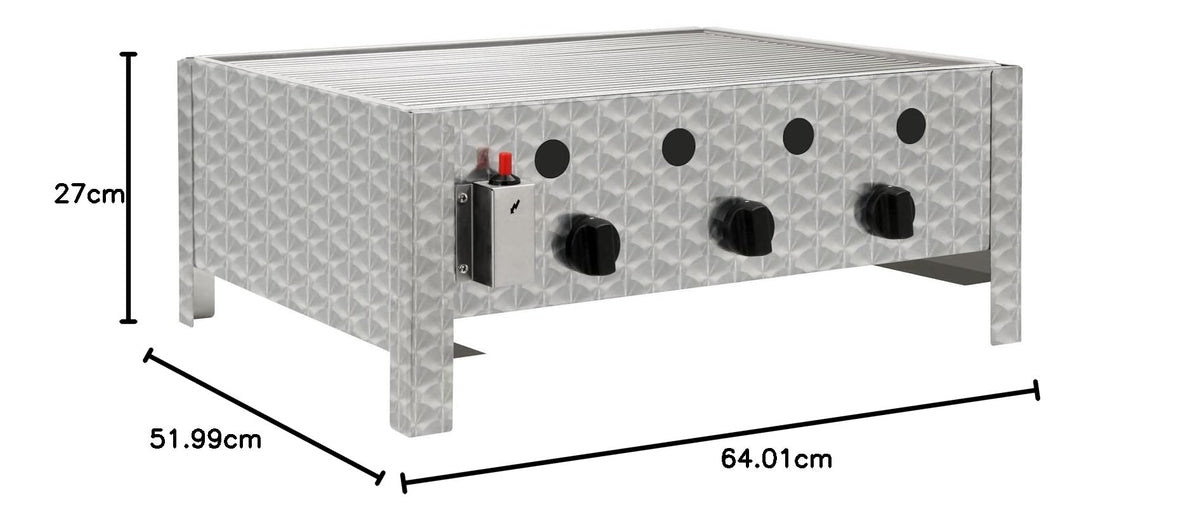 Edelstahl Gastrobräter mit 3 Brennern, 64 x 52 x 27 cm, Gasgrill für Propangas oder Butangas inkl. Grillrost, Flammenblech, Fettwanne und
