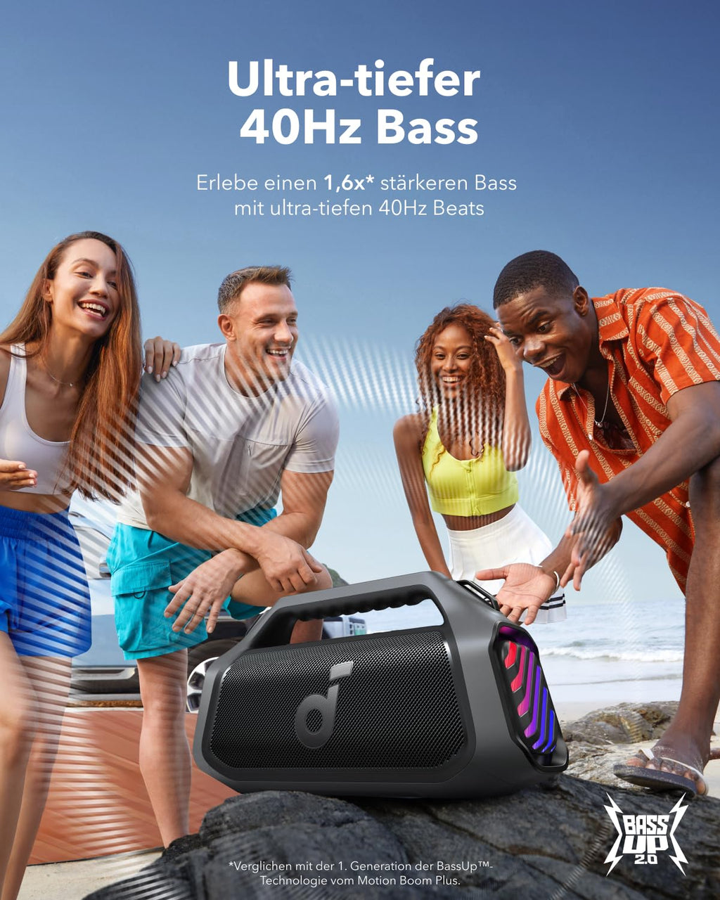 Bluetooth-Lautsprecher Boom 2 Plus 140 W Stereo IPX7 wasserdicht 20 Stunden Akkulaufzeit 30 W Schnellladung integrierte Powerbank