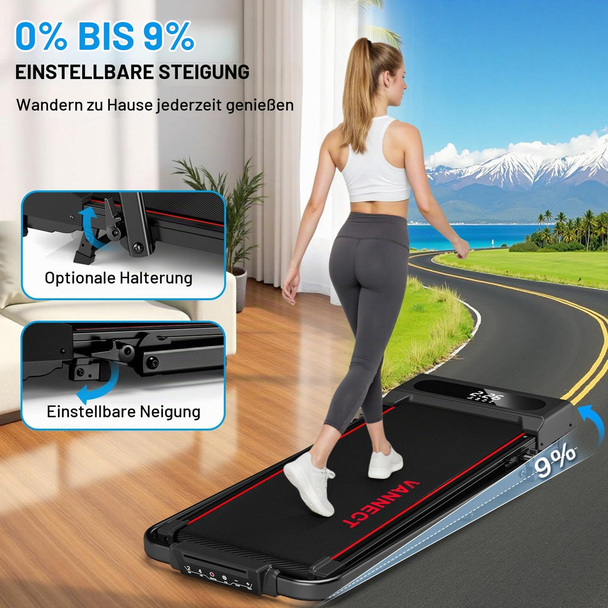 Klappbares Laufband für Zuhause mit 9 % Steigung, 1-12 km/h, 2,75 HP, App und LED-Anzeige, bis 160 kg