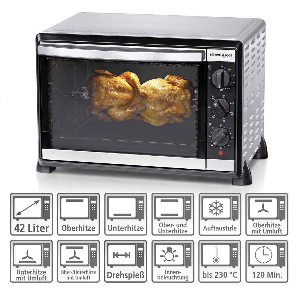 Back & Grill Ofen BG 1805/E, 42 Liter Edelstahl, 7 Heizarten, 80-230 °C, mit Drehspieß und Zubehör