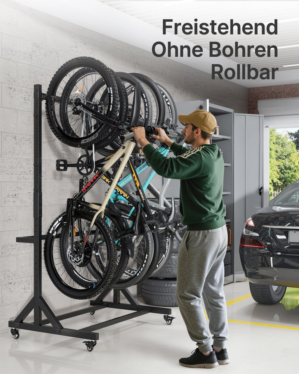Freistehender Fahrradständer für 5 Fahrräder, Schwerlast bis 160 kg, höhenverstellbar mit Rollen