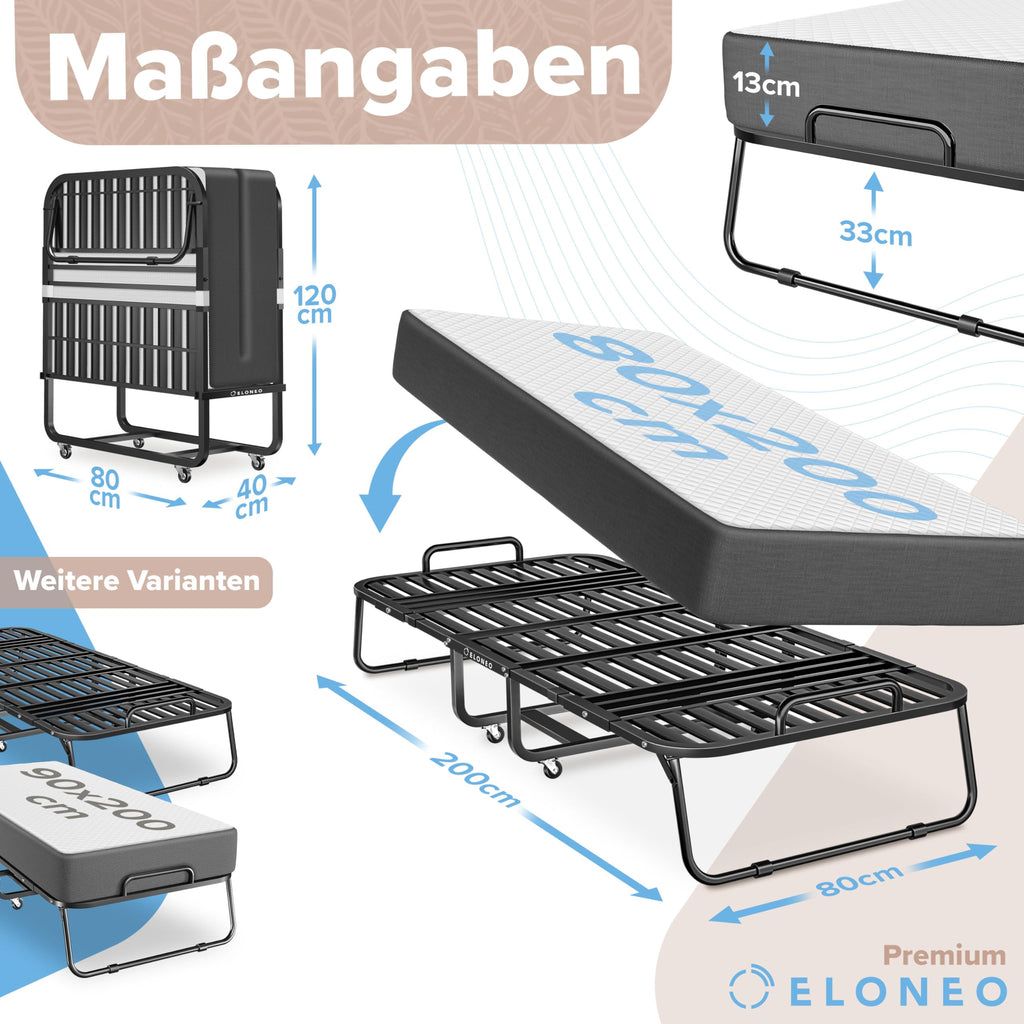 Klappbett 80x200 cm mit Memory-Schaum-Matratze, Gästebett bis 250 kg belastbar, Metallrahmen und Transportrollen inkl. Schutzhülle