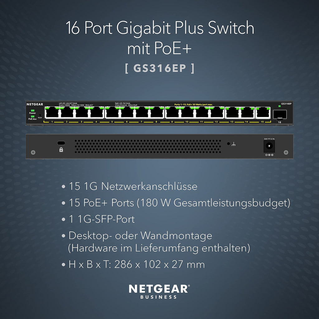 16-Port Gigabit Ethernet PoE Switch GS316EP mit 15x PoE+ 180W, 1x SFP und Managed Funktionen wie VLAN, QoS, IGMP Snooping, lüfterlos