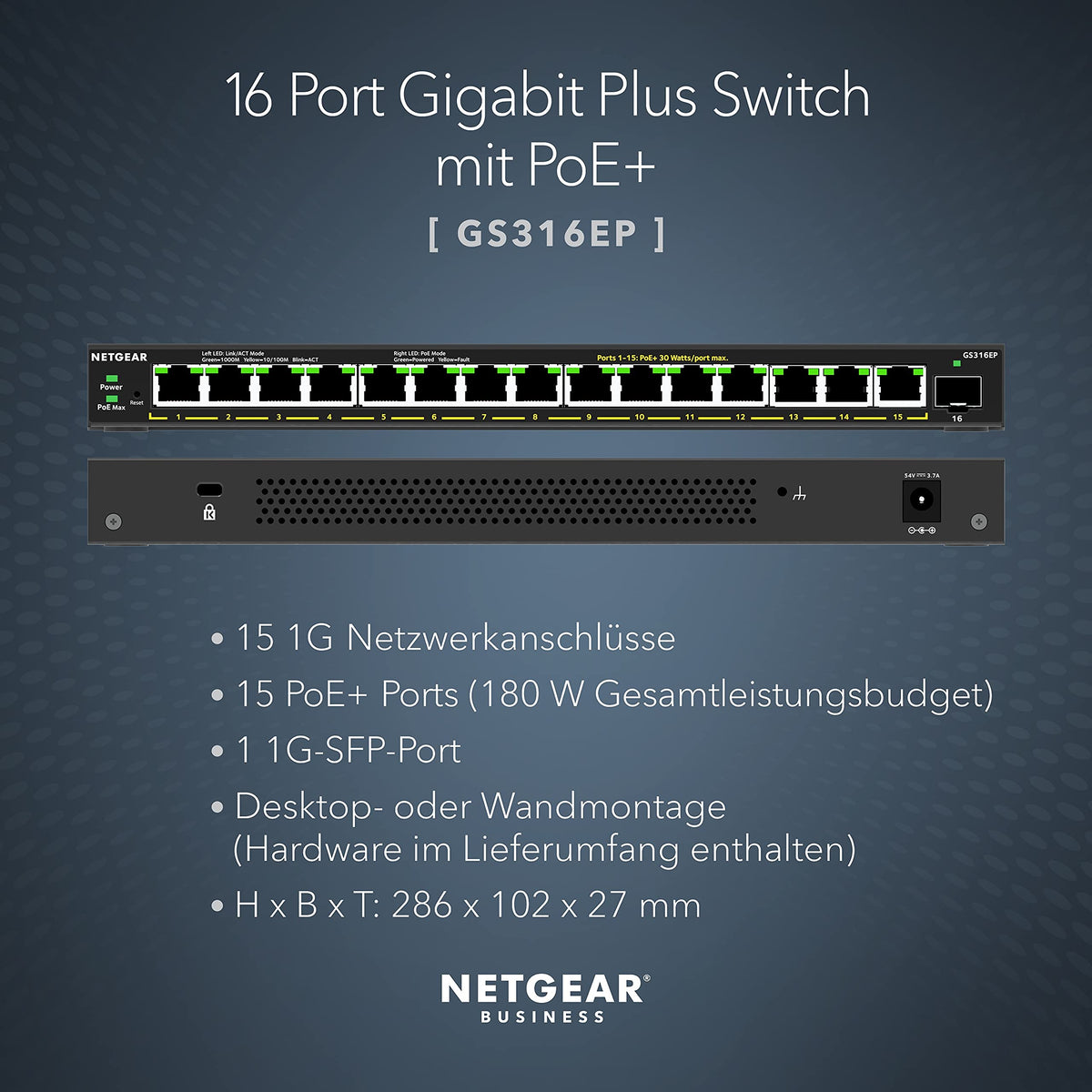 16-Port Gigabit Ethernet PoE Switch GS316EP mit 15x PoE+ 180W, 1x SFP und Managed Funktionen wie VLAN, QoS, IGMP Snooping, lüfterlos