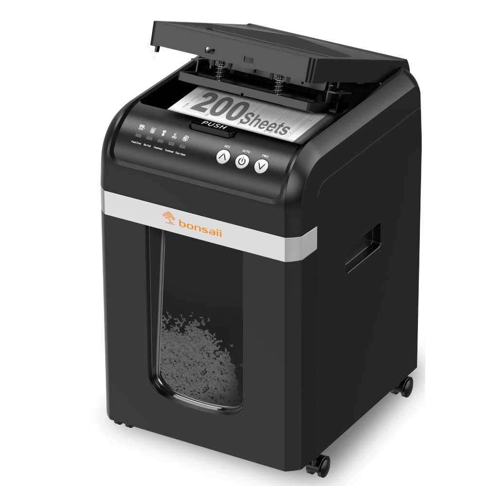 Aktenvernichter mit Auto-Feed für 200 Blatt, P-4 Mikroschnitt, 31 L Behälter, schwarz