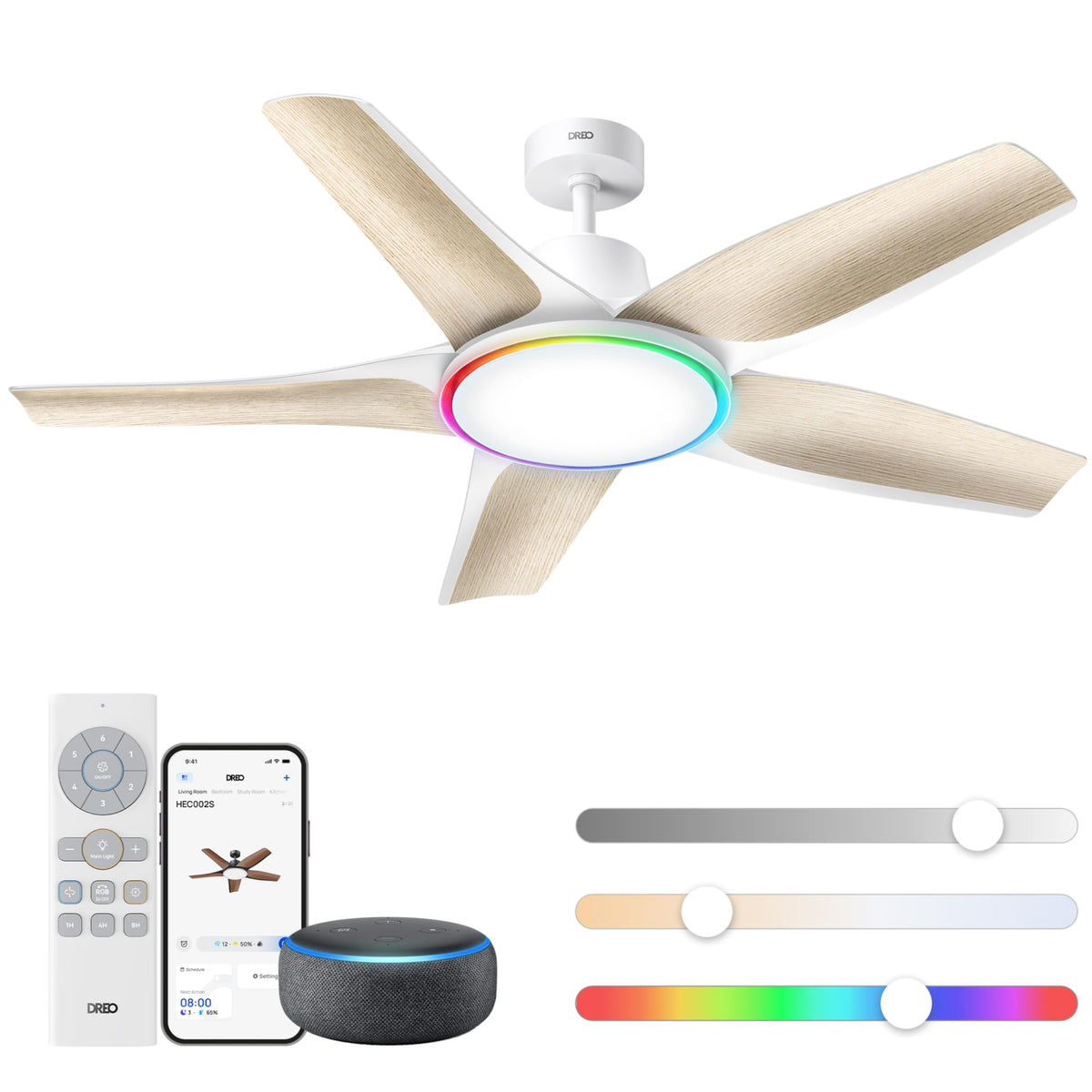 Deckenventilator mit Licht 132 cm dimmbare LED RGB-Ambientlicht DC-Motor App- und Alexa-Steuerung