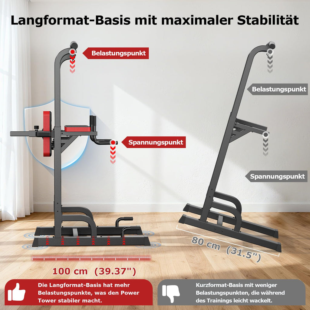 Power Tower Dip-Station mit Klimmzugstange, freistehend, 7-fach höhenverstellbar, bis 200 kg, inkl. Widerstandsband