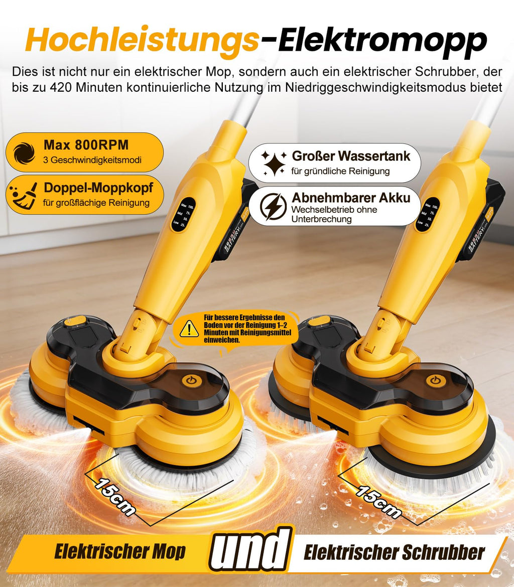 Elektrischer Wischmopp M3 Pro mit 2 Akkus 800 U/min 300 ml Wassertank LED-Licht und 3 Geschwindigkeitsstufen