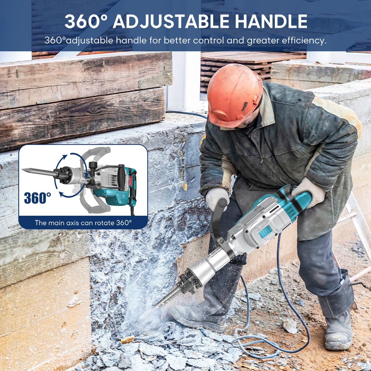 Abbruchhammer 1700 W SDS-Hex Stemmhammer mit 65 Joule, Anti-Vibrationshandgriff sowie 2 Meißeln und Transportbox mit Rollen
