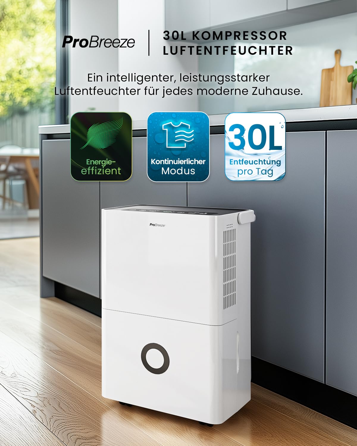 Luftentfeuchter 30L in 24h mit WLAN & App, Feuchtigkeitssensor und 4L Wassertank