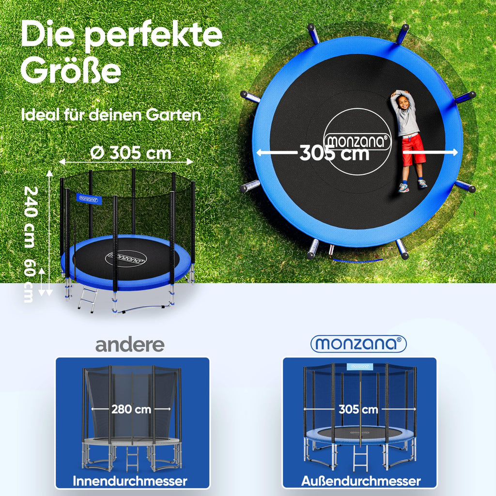 Trampolin Ø 305 cm Komplettset mit Sicherheitsnetz, Leiter und Randabdeckung, TÜV SÜD GS zertifiziert