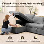 Ecksofa mit Schlaffunktion in L-Form aus Cord, Steingrau, 209 cm breit, mit Stauraum