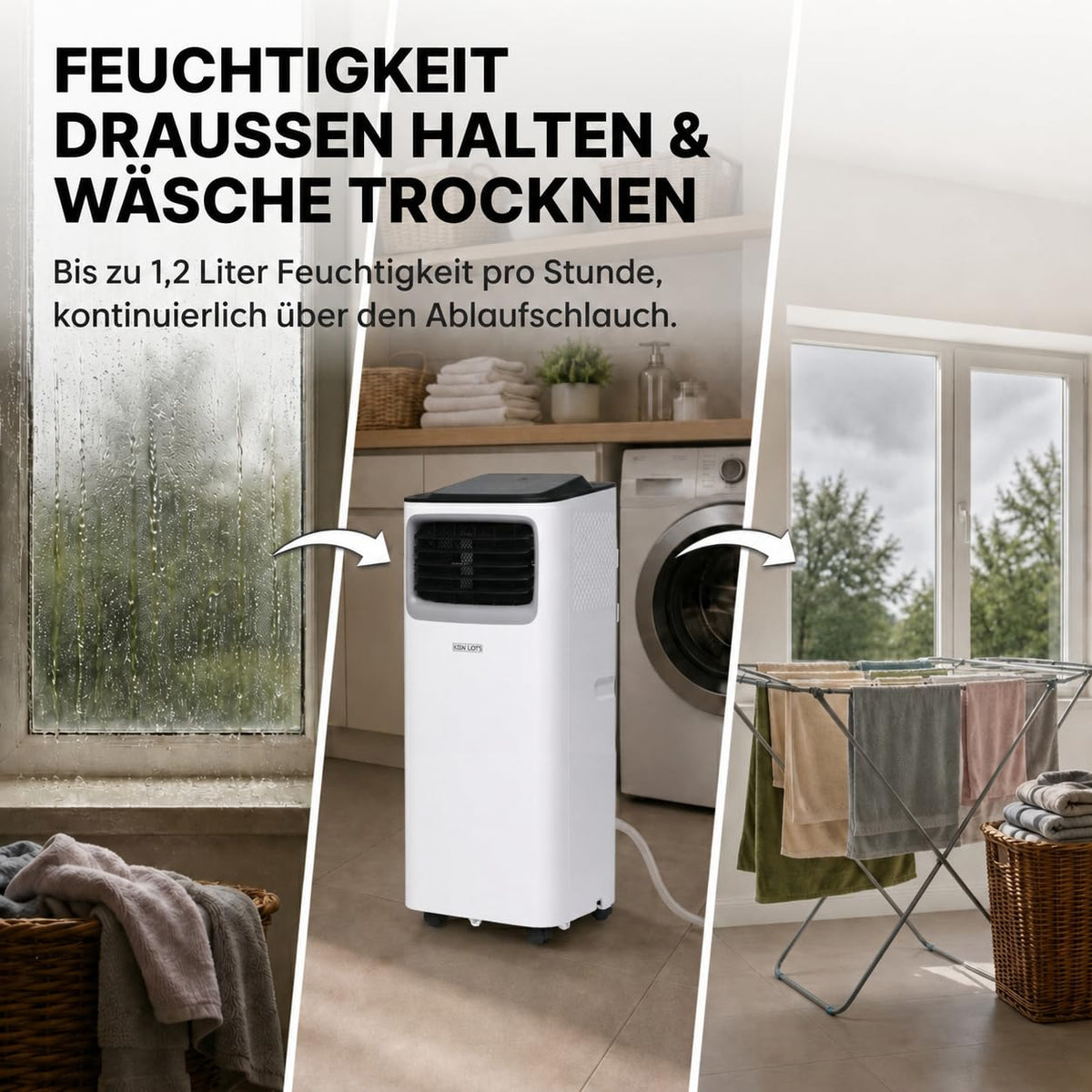 Mobile Klimaanlage 9000 BTU mit Luftentfeuchter und Ventilator, 3-in-1 Klimagerät für Räume bis 20 m², mit Abluftschlauch, Schiebefenster-Adapter