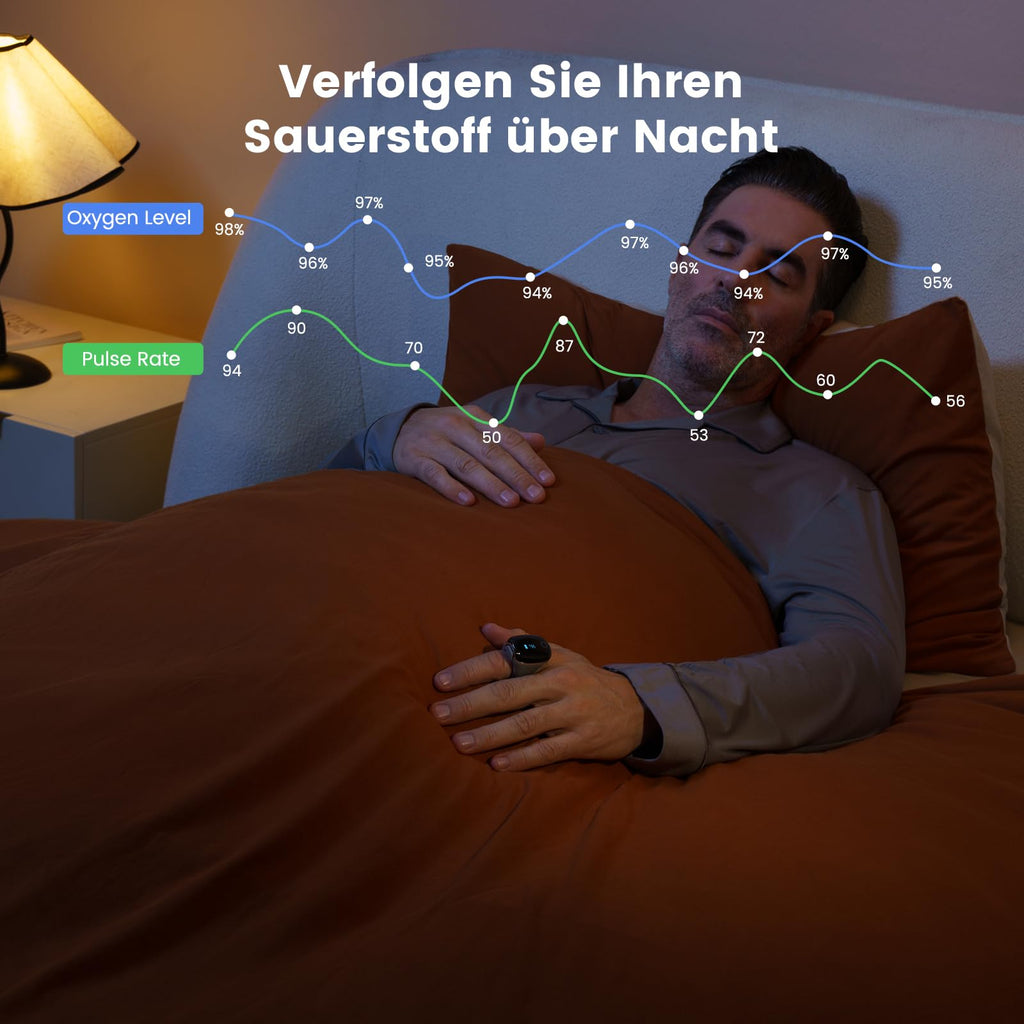 Ring-Pulsoximeter O2Ring mit Alarm und Bluetooth für kontinuierliche SpO2- und Herzfrequenzüberwachung, inkl. App und Berichte