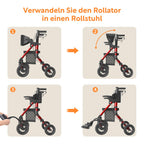 2-in-1 Rollstuhl Rollator faltbar aus Aluminium mit Sitz und Outdoor-Gummireifen, roter Gehwagen bis 136 kg