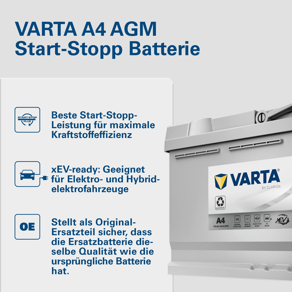 AGM Autobatterie 12 V 105 Ah 950 A A4 Start-Stopp xEV Starterbatterie 6 Zellen SAE-Klemme 394 x 175 x 190 mm
