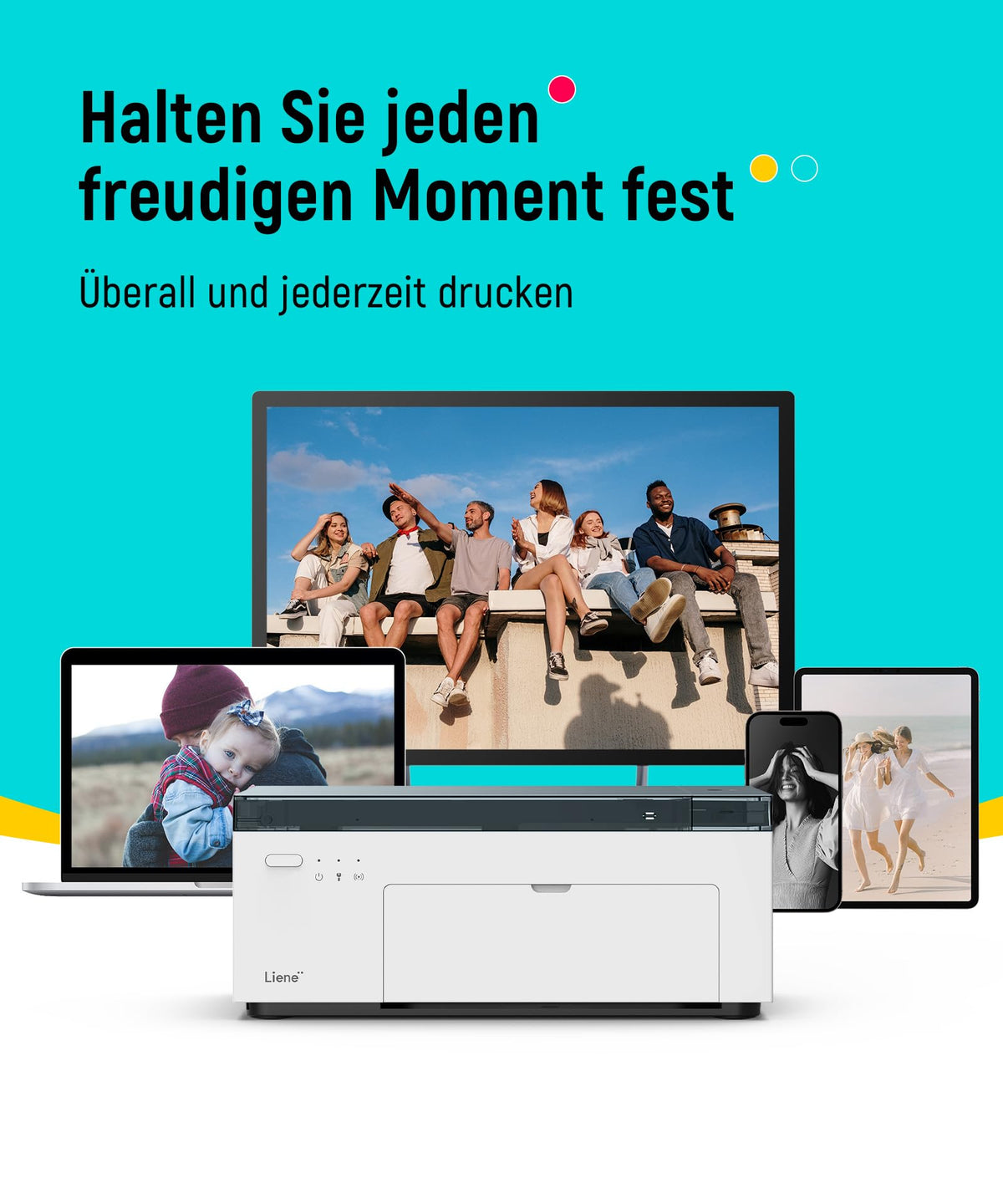 Tragbarer Fotodrucker für Smartphone und PC mit WLAN, 10x15 cm, Farbstoffsublimation, 300 DPI, inkl. 100 Blatt Fotopapier und 3 Patronen