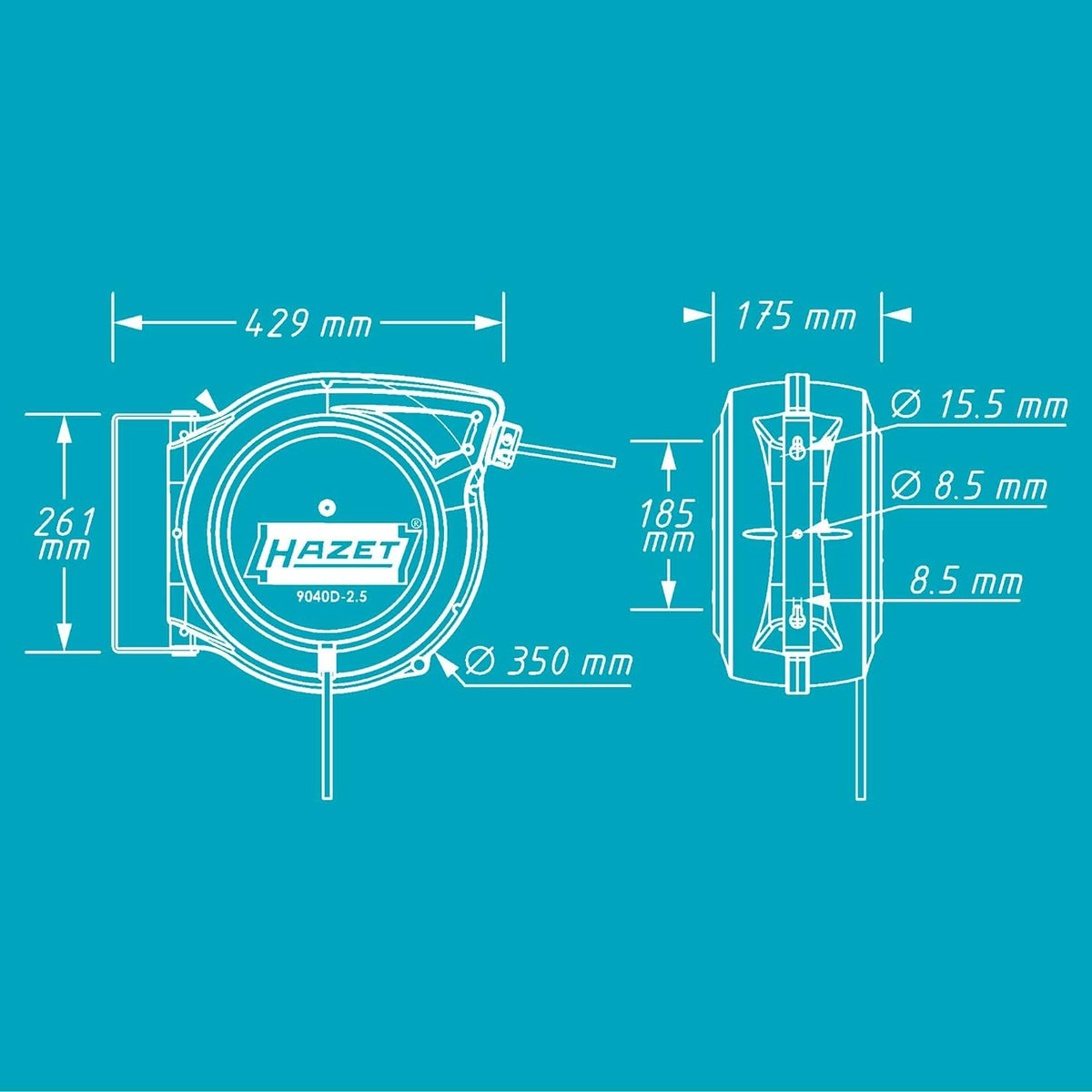 Kabelaufroller 9040D-2.5 mit gebremstem Aufwickeln, schwenkbarem Haltebügel aus Metall und Kunststoffgehäuse