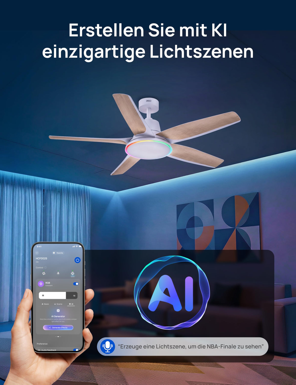 Deckenventilator mit Licht 132 cm dimmbare LED RGB-Ambientlicht DC-Motor App- und Alexa-Steuerung