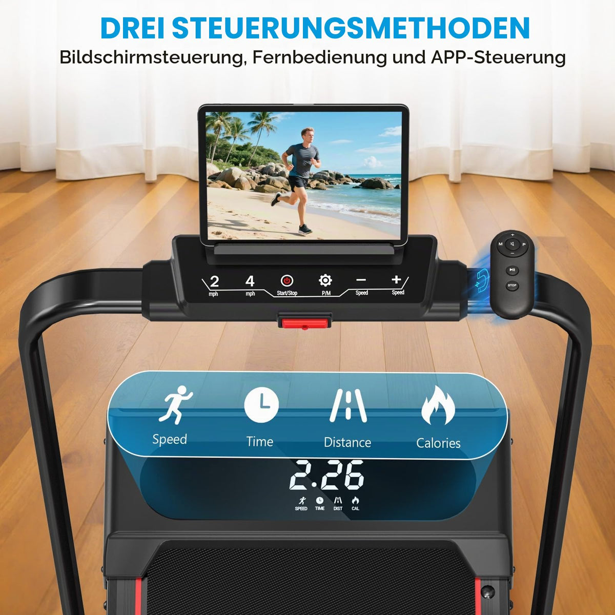 Klappbares Laufband für Zuhause mit 9 % Steigung, 1-12 km/h, 2,75 HP, App und LED-Anzeige, bis 160 kg