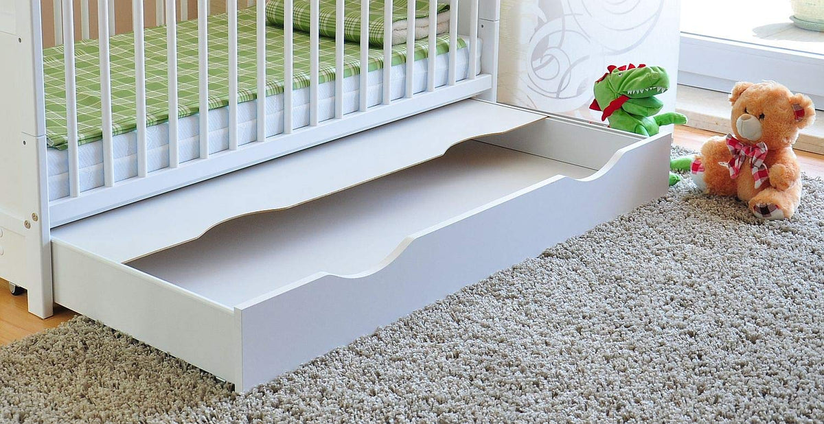 Babybett mit Schublade und Aloe-Vera-Schaumstoffmatratze, höhenverstellbar und umbaubar zum Juniorbett, in Weiß