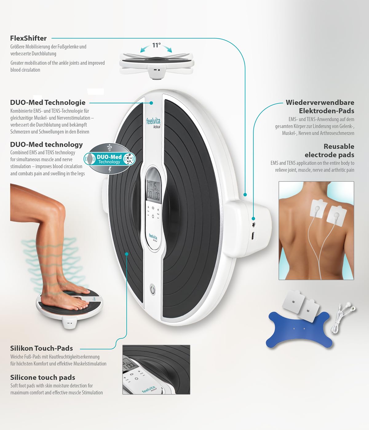 Durchblutungs-Stimulator für Beine und Füße, EMS- und TENS-Gerät mit DuoMeD-Technologie, 9 Massageprogrammen, 20 Intensitätsstufen und 2