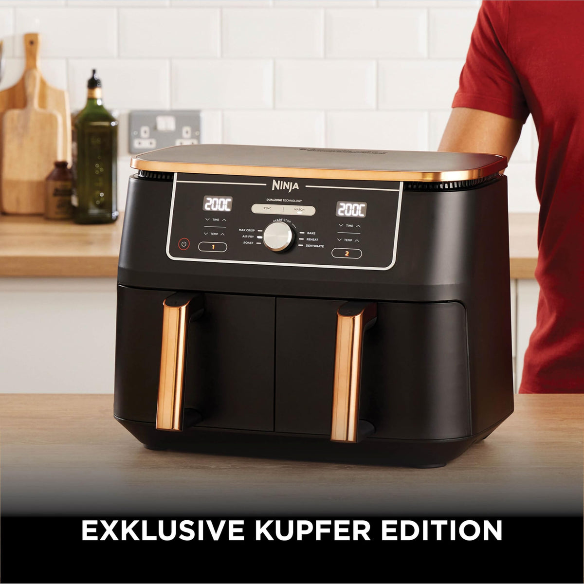 Heißluftfritteuse 9,5 L mit 2 Fächern und 6-in-1-Funktionen Dual Zone Airfryer mit Silikonzange Antihaftbeschichtung
