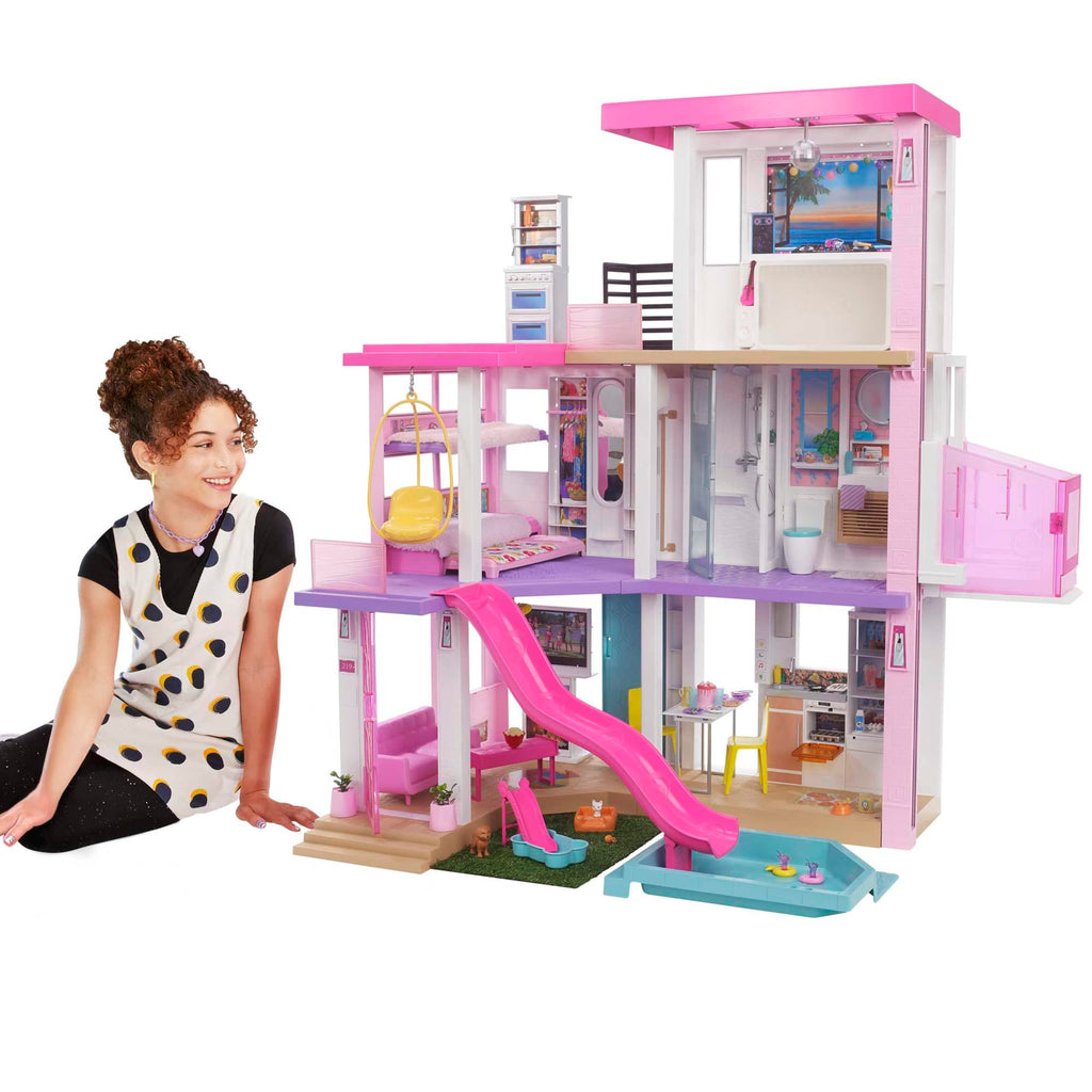 Puppenhaus Spielset Traumvilla, ca. 110 cm hoch und 105 cm breit, mit 10 Räumen, Aufzug, Rutsche, Pool und über 75 Teilen