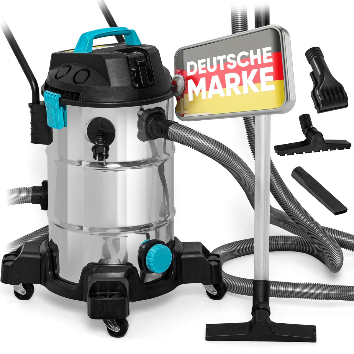 Teichsauger Schlammsauger 1200 Watt mit 35 Liter Behälter und Wasserrückführung inkl. Abpumppumpe und 3 Aufsätzen