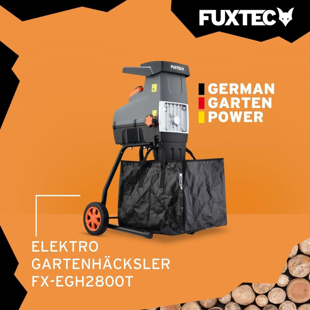 Elektro Gartenhäcksler FX-EGH2800T mit 2800 W und Walzenhäcksler für Äste bis 44 mm, 60 L Fangsack sowie 92 dB(A) Betrieb