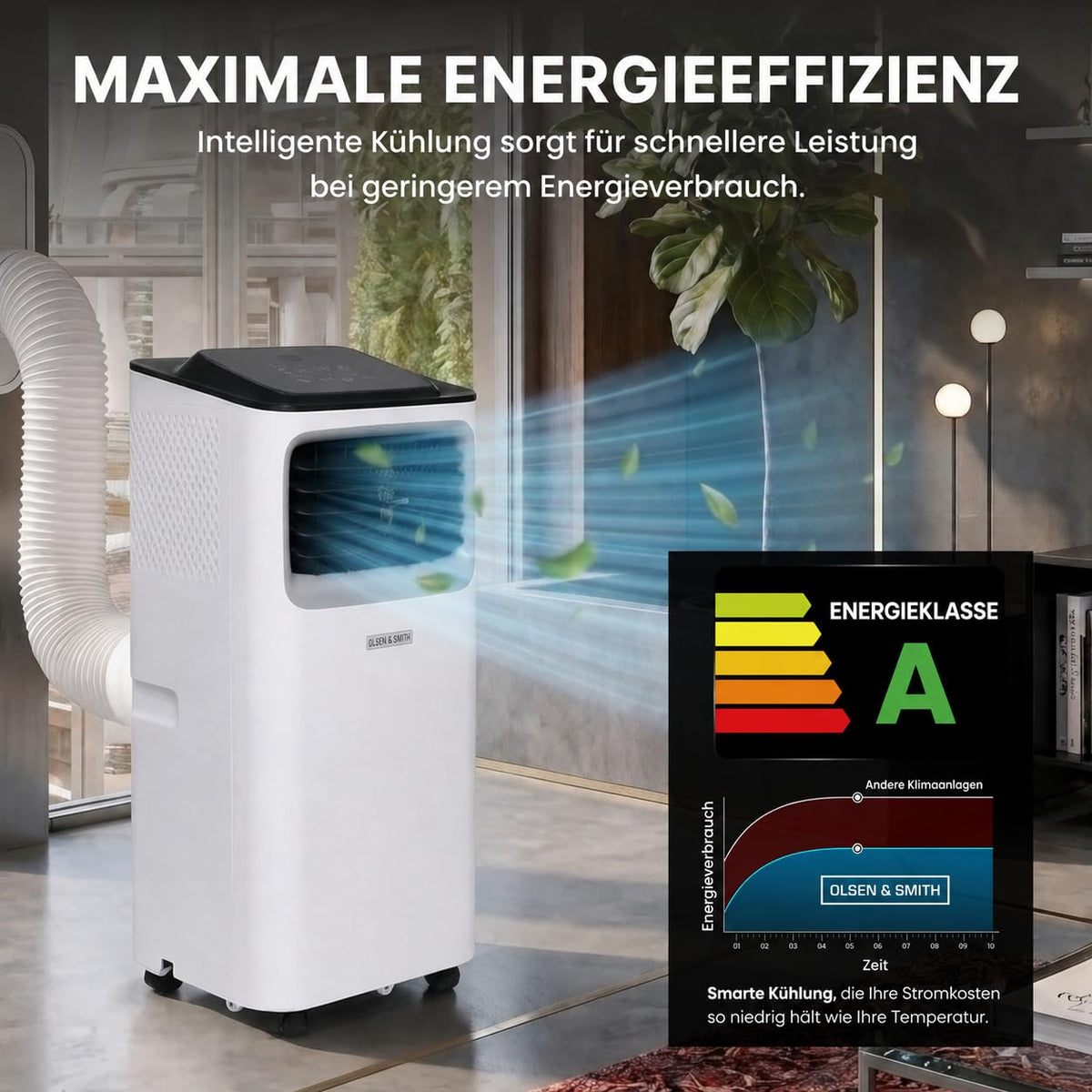 Mobile Klimaanlage 9000 BTU mit Luftentfeuchter und Ventilator, 3-in-1 Klimagerät für Räume bis 20 m², mit Abluftschlauch, Schiebefenster-Adapter