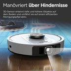 Saugroboter mit selbstentleerender Basis, 3D- und 360°-LiDAR-Navigation, Schmutzerkennung, Weiß