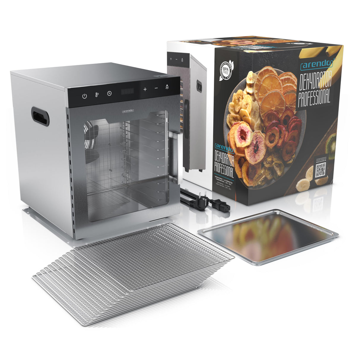 Dörrautomat aus Edelstahl mit 12 Gitterrosten, 800 W, 30-90 °C, 12 Einlegetabletts mit insgesamt 10.000 cm², für Obst, Fleisch und Pilze