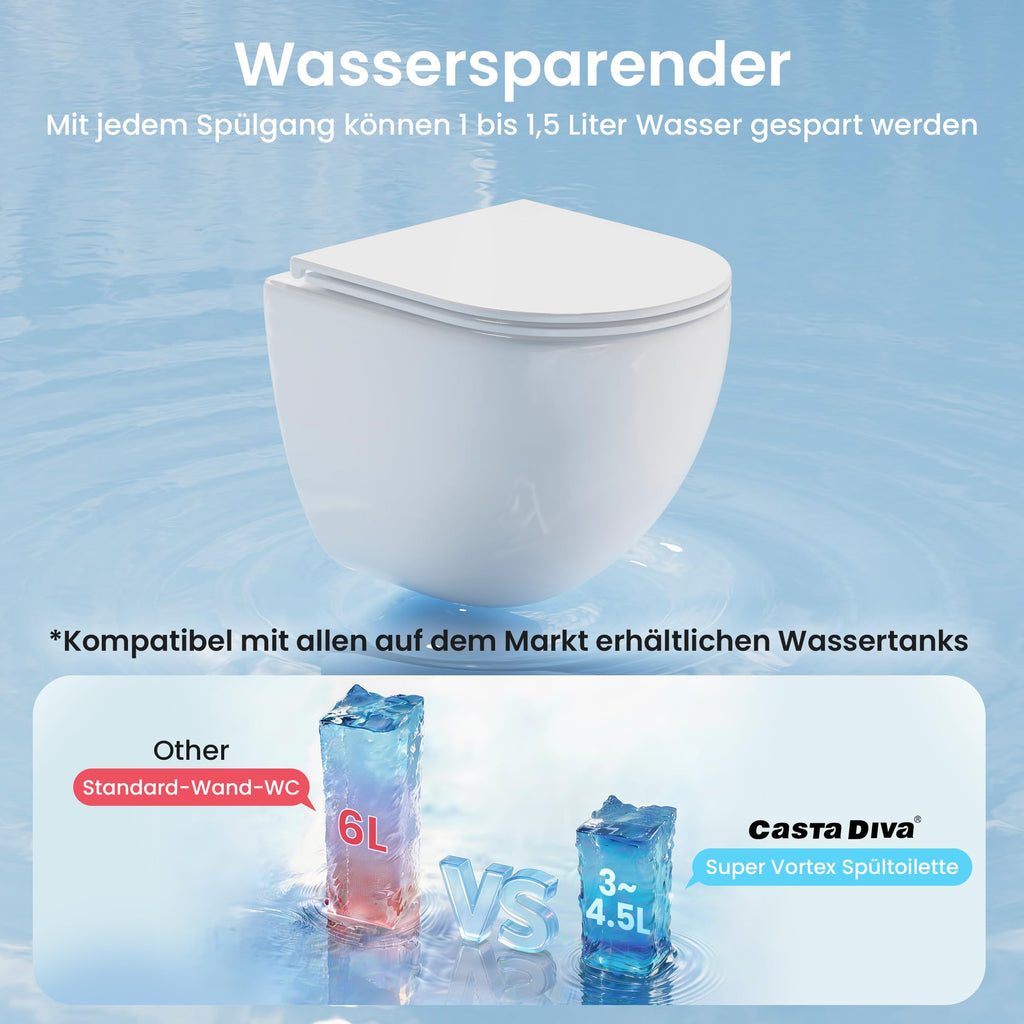 Spülrandloses Wand-WC CD-DT001, 48 cm Hänge-WC aus Keramik mit 360° Tornado-Spülung, Soft-Close UF-Sitz und 3–4,5 L Wasserverbrauch