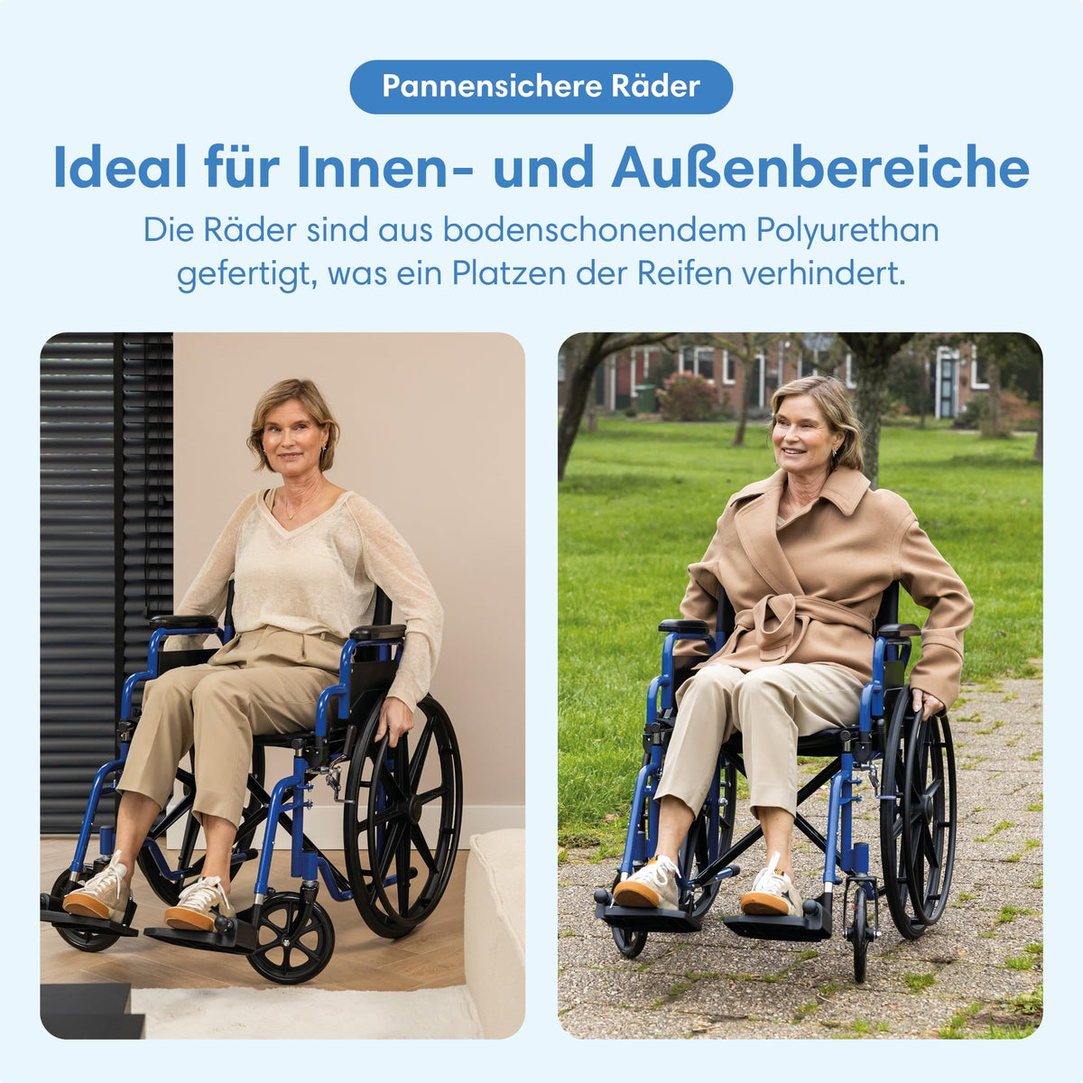 Faltbarer Rollstuhl, leicht mit 18,6 kg und 32 cm Faltbreite, Sitzbreite 46 cm, bis 136 kg, pannensichere PU-Reifen
