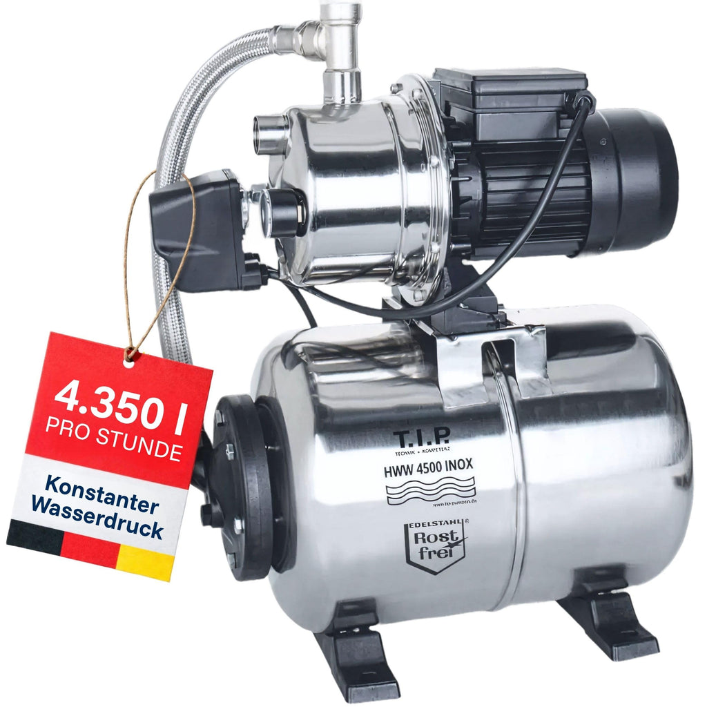 Hauswasserwerk 1200 W 4350 l/h 5 bar mit 22 L Edelstahl-Druckkessel 50 m Förderhöhe 230 V