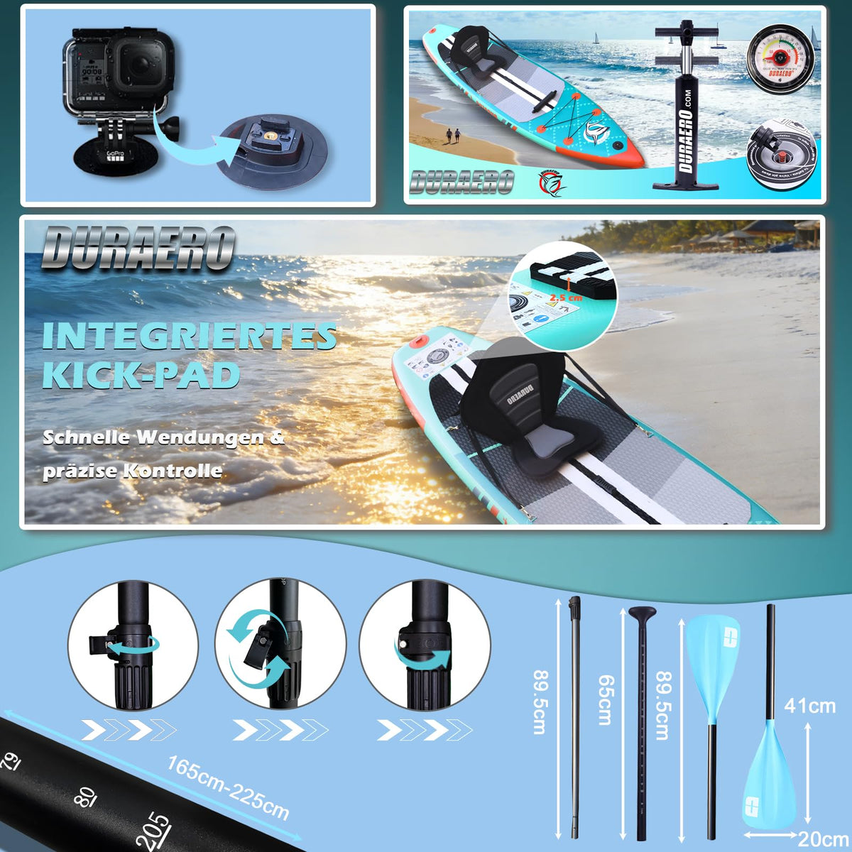 Aufblasbares SUP Set mit Kajaksitz, 330x76x15 cm, Doppel-Paddel und Zubehör, Tragkraft bis 150 kg