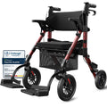 2-in-1 Rollstuhl Rollator faltbar aus Aluminium mit Sitz und Outdoor-Gummireifen, roter Gehwagen bis 136 kg