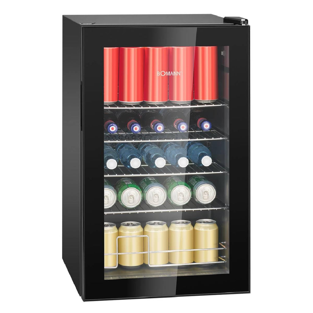 Flaschenkühlschrank 63 L mit Glastür, bis zu 89 Dosen, 4 Ablagen, LED-Beleuchtung, KSG 7287
